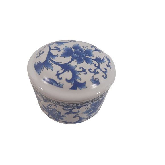 Vtg Round 2"x2.75" Lidded Trinket Box Delft Blue Hand Painted Oriental Porcelain - Picture 3 of 6